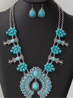 Turquoise Floral Squash Blossom Necklace and Earring Set - Women Jewelry